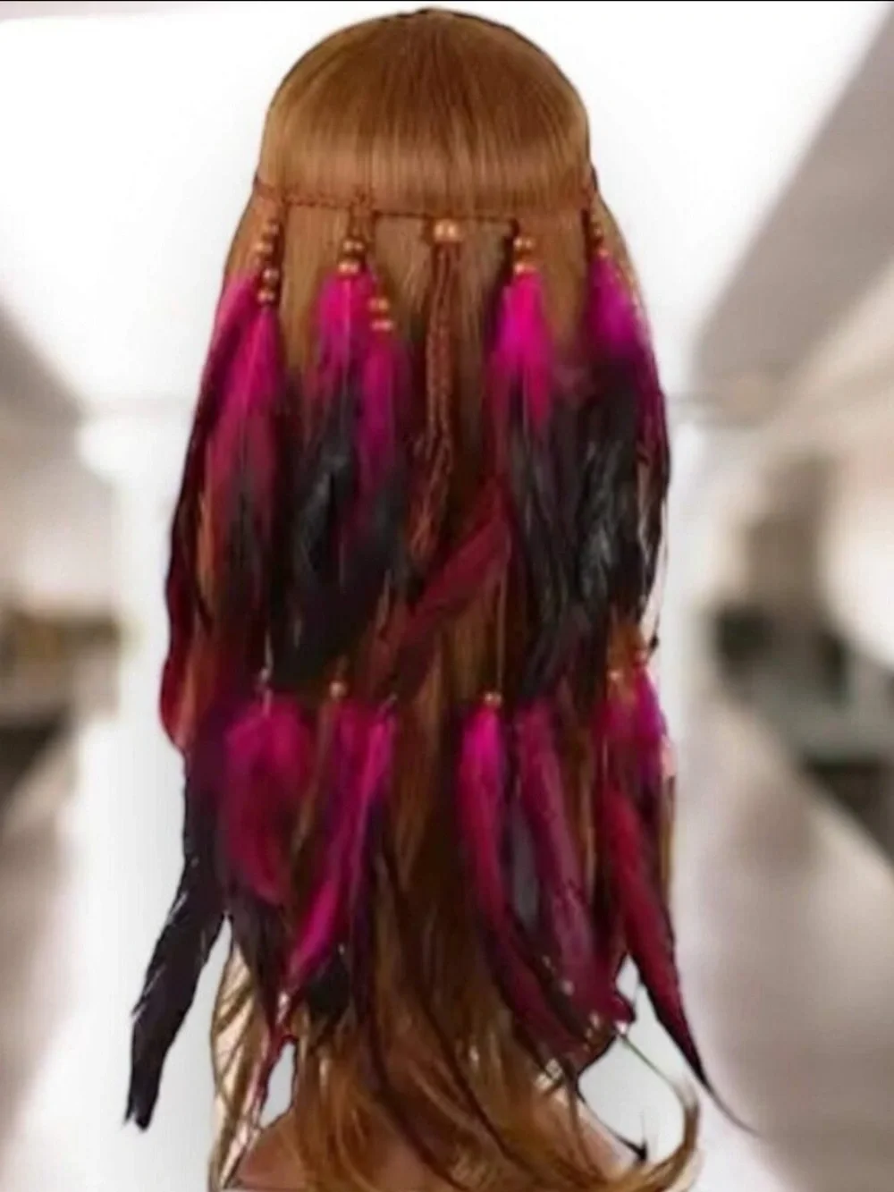 Pink Black Feathers Long Headband Hair Piece Boho Festival